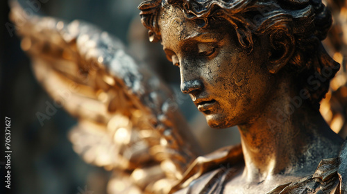 Statue grecque sculptée, en or d'un personnage, d'un ange avec des ailes. Culture, antique, monument. Pour conception et création graphique. photo