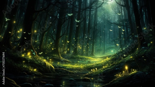 Fireflies illuminating a dark forest with mystical enchantment AI generated