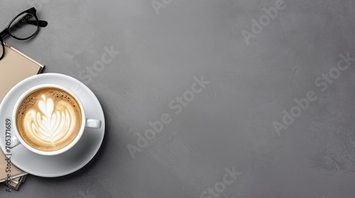 Flat lay composition with cup of coffee and office accessories on gray background AI generated