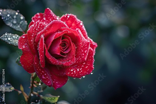 A vibrant red rose with dewdrops on petals