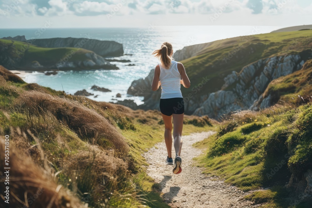 Athletic woman in sporty attire Jogging along a scenic coastal path Embodying an active lifestyle