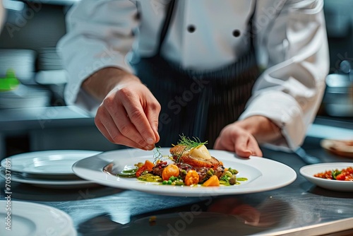 Chef presenting a meticulously plated dish in a restaurant