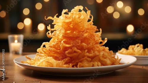 Crispy battered ribbons Experience a whimsical twist on the classic onion rings with these delicate ribbons of onions  each wrapped in a light and crispy batter. The ribbons are elegantly