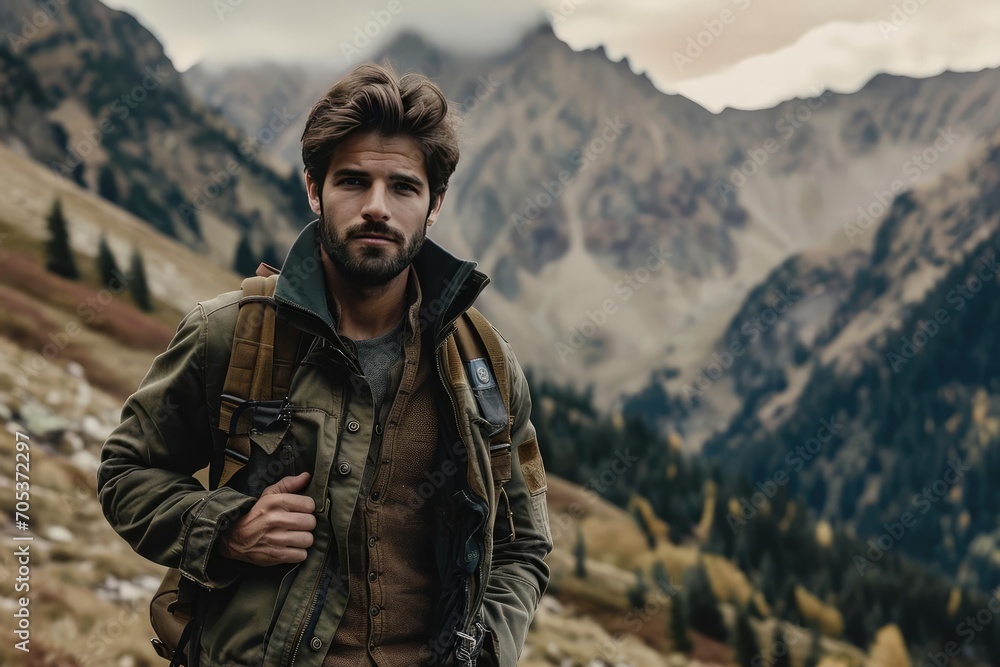 Male model in a rugged outdoor look posing in a mountainous terrain