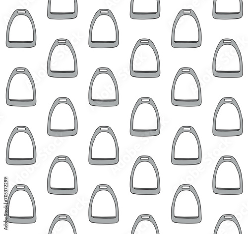 Vector seamless pattern of hand drawn doodle sketch horse riding stirrup isolated on white background