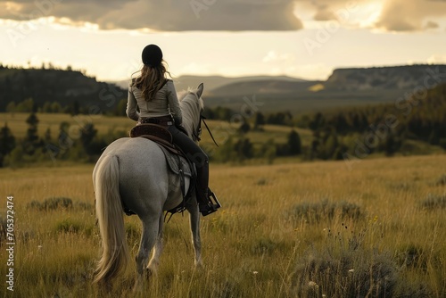 Female equestrian on horseback Exhibiting grace and skill in a lush meadow