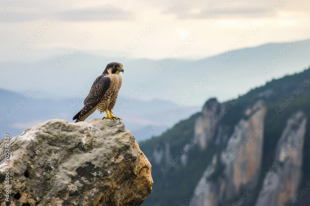 Fototapeta premium Fierce falcon perched atop a rugged cliff