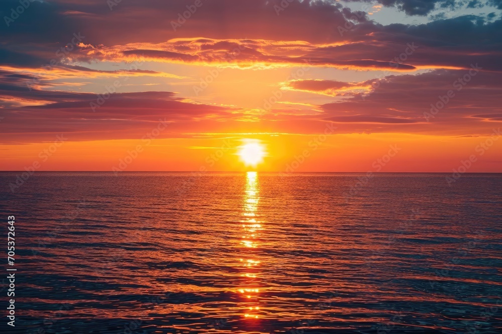 Fototapeta premium Fiery sunset over a calm ocean horizon