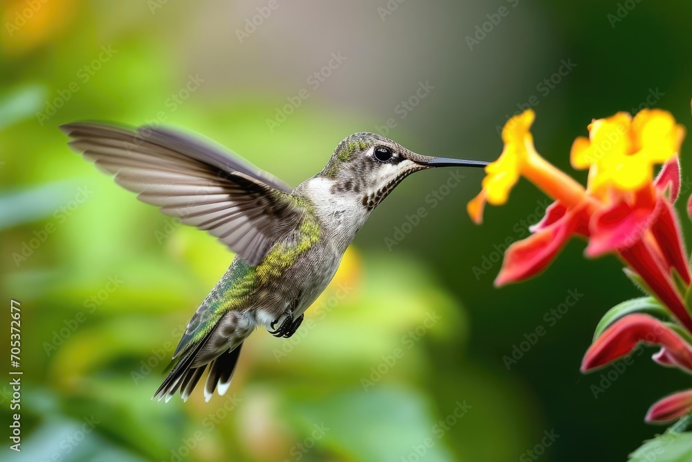 Fluttering hummingbird sipping nectar from a bloom Fluttering hummingbird sipping nectar from a bloom