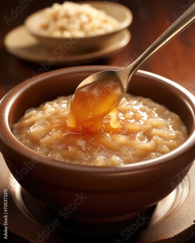 A shot of a generous swirl of applesauce topping a steaming bowl of oatmeal captures the essence of wholesome, hearty breakfasts. The vibrant color of the sauce pops against the neutral photo