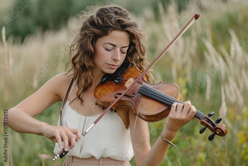 Female violinist immersed in playing a classical piece in a rustic setting Music echoing in the surroundings