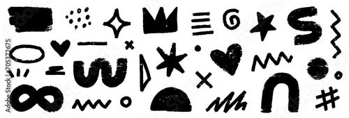 Abstract doodle brush shape paint. Grunge graphic modern abstract collage element. Doodle geometric collage star, crown, heart shape. Hand drawn texture grunge spray brush effect. Vector illustration