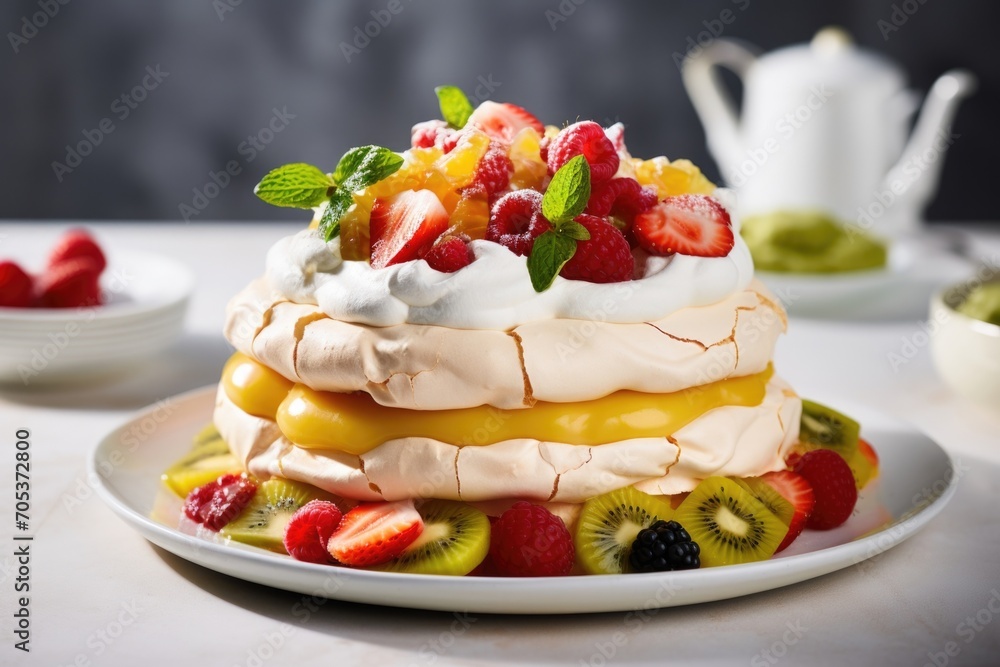 The camera lens captures a visually stunning shot of a towering pavlova dessert, its meringue base perfectly crisp and airy, coated in a generous layer of fluffy whipped cream. A colorful