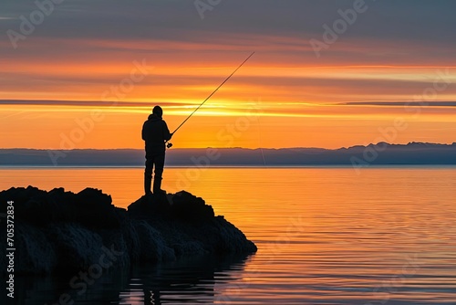 Lone fisherman casting a line at sunrise Peaceful and solitary