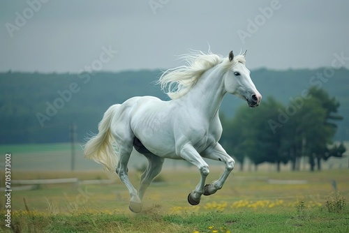 Majestic white stallion galloping in a meadow