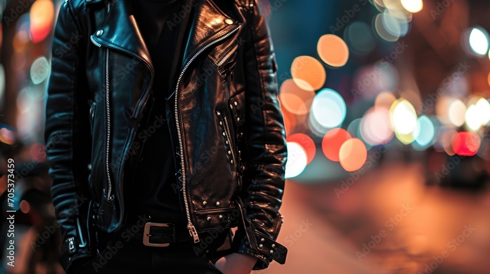 toughen up your style with a black leather jacket, graphic tshirt, and slim pants for a rebellious look. - obrazy, fototapety, plakaty 
