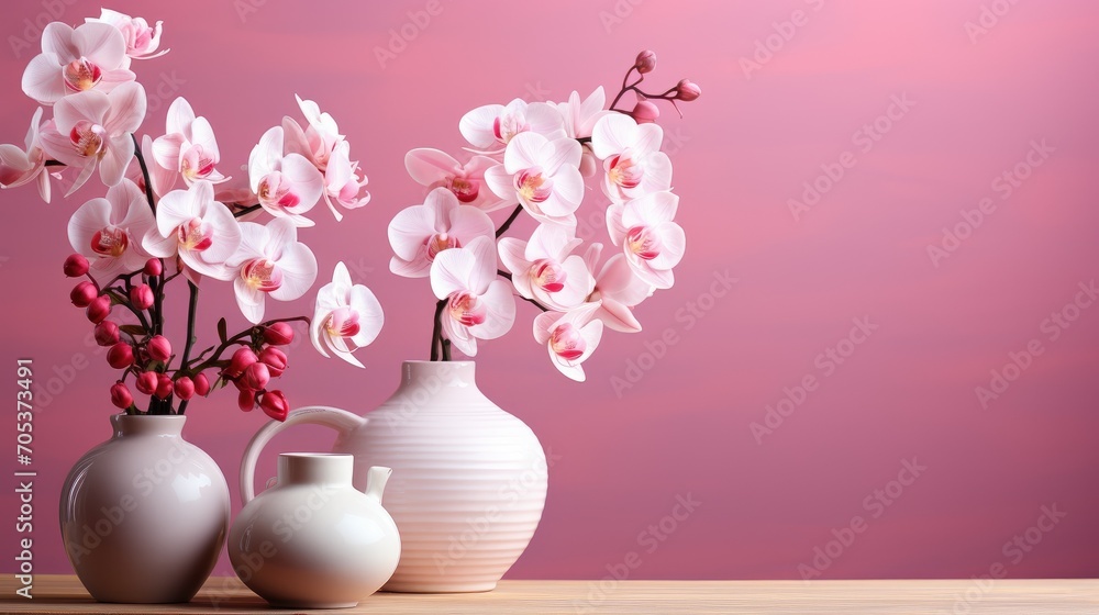 Bouquet of pink orchids in a vase on a table with pastel pink walls Bouquet of pink orchids in a vase on a table with pastel pink walls