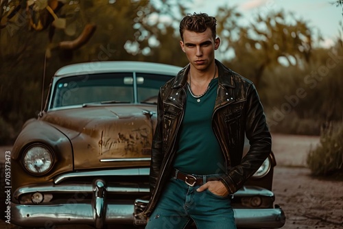 Male model posing in front of a classic car with a vintage vibe