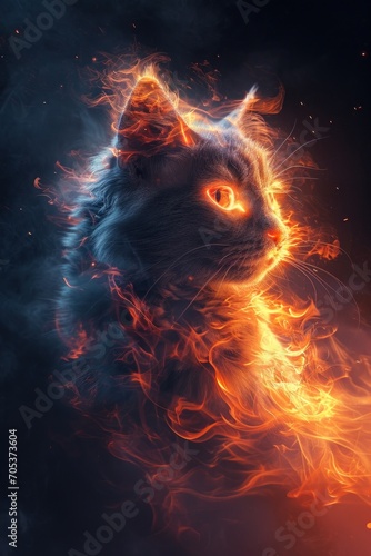 Fire cat, dark orange cat with glowing eyes in fire