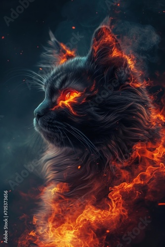 Fire cat, dark orange cat with glowing eyes in fire