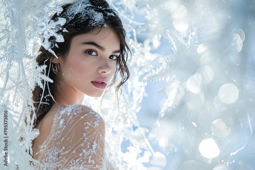 Model in an enchanted winter wonderland with snowflakes and ice sculptures Model in an enchanted winter wonderland with snowflakes and ice sculptures
