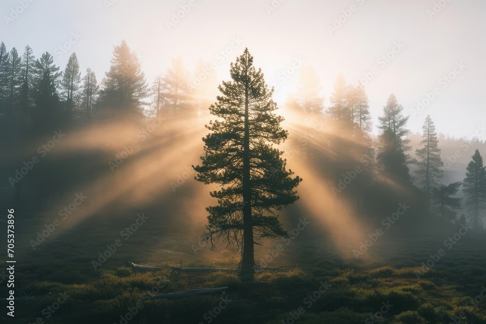 Morning light streaming through a single Tall pine tree