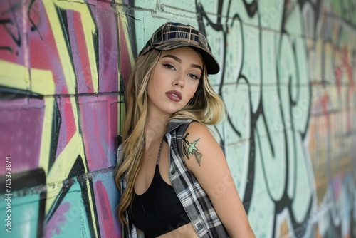 Model striking a pose in a chic urban outfit against a graffiti wall