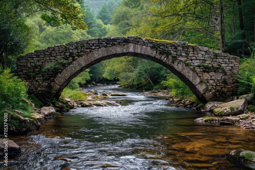 Old stone bridge arching over a gentle river © Jelena