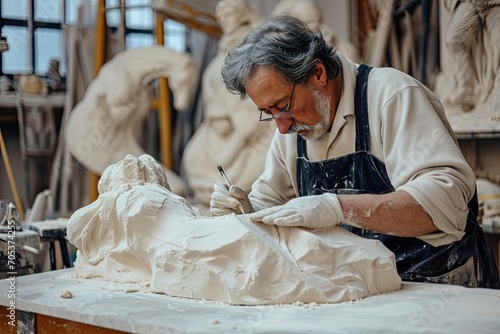 Sculptor meticulously carving a statue in an art studio © Jelena