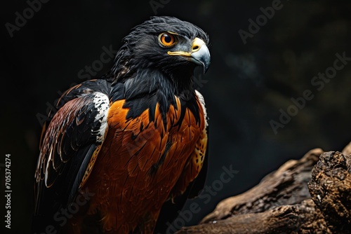 Portrait of Black chested Snake Eagle standing old wood on the dark background AI Generative © Tebha Workspace