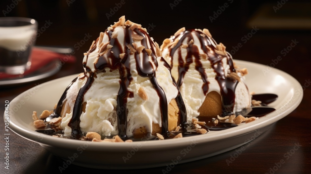 A harmony of flavors and textures await you in this delightful creation. A scoop of creamy vanilla ice cream is lavishly coated in a rich hot fudge sauce, beautifully adorned with swirls A harmony of flavors and textures await you in this delightful creation. A scoop of creamy vanilla ice cream is lavishly coated in a rich hot fudge sauce, beautifully adorned with swirls