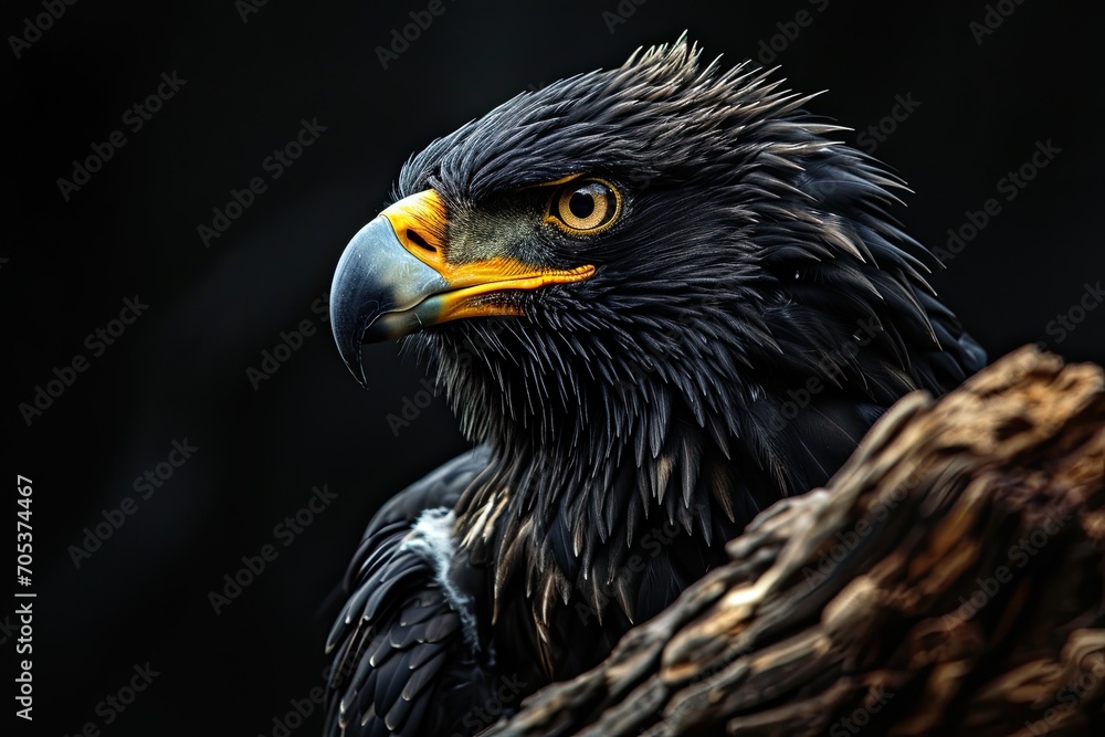Obraz premium Portrait majestic of Black Eagle with old log on black background AI Generative