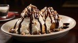 A harmony of flavors and textures await you in this delightful creation. A scoop of creamy vanilla ice cream is lavishly coated in a rich hot fudge sauce, beautifully adorned with swirls