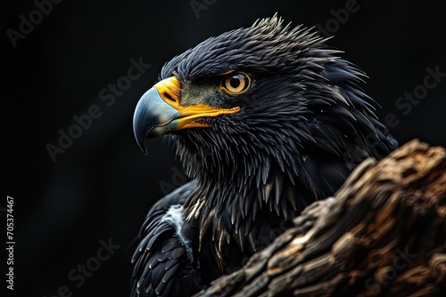 Portrait majestic of Black Eagle with old log on black background AI Generative