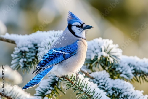 Vibrant blue jay perched on a frosty pine branch