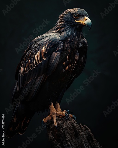 Elegant pose of black eagle standing on old log on he dark background AI Generative