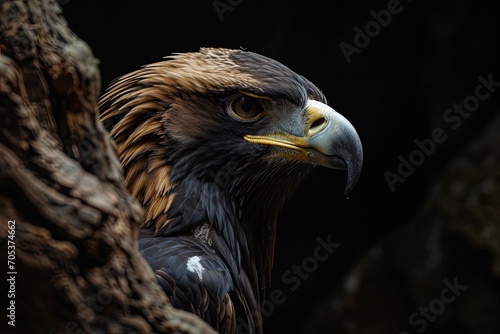 Side view of Black Eagle with light exposure on black background AI Generative