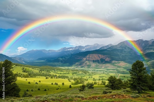Vibrant rainbow arching over a mountain valley