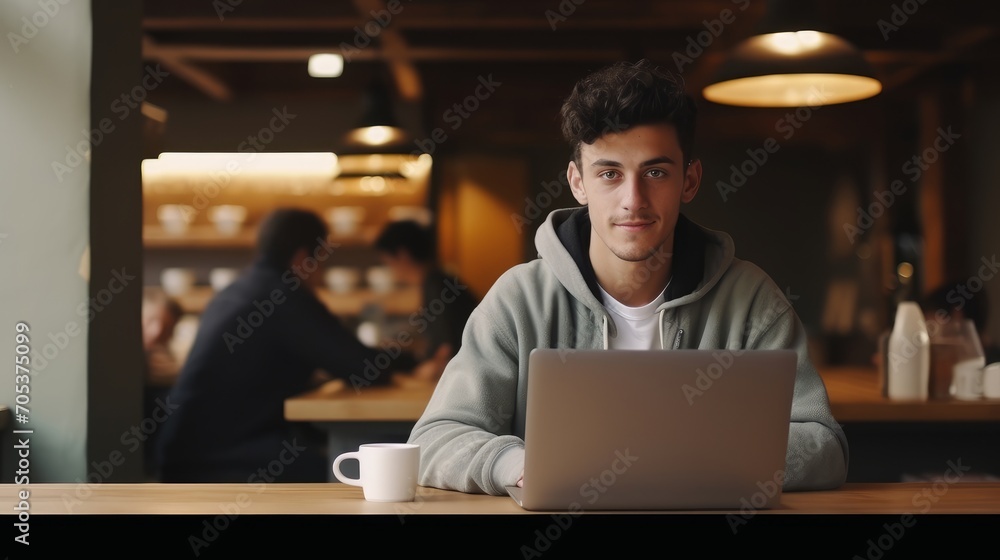 Young man working on laptop boy freelancer or student with computer in cafe at table looking in camera AI generated Young man working on laptop boy freelancer or student with computer in cafe at table looking in camera AI generated
