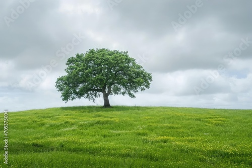 Solitary oak tree in a lush green field
