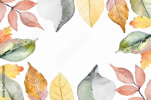 Frame of watercolor abstract background autumn collection with seasonal leaves.