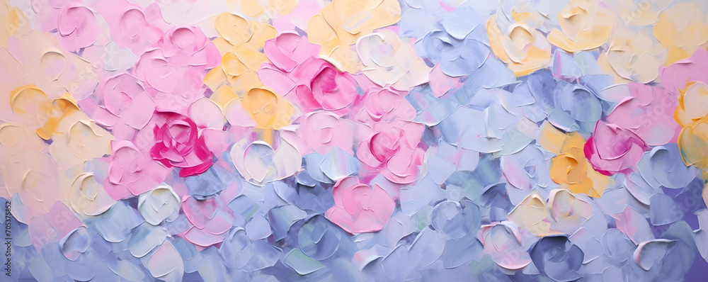 Beautiful modern floral impressionist background. Pastel pink roses banner for wedding, Valentine’s Day wallpaper. Lavender, pink, yellow rose flower art illustration on blue abstract backdrop by Vita - obrazy, fototapety, plakaty 