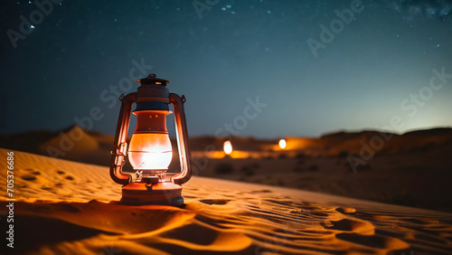 Lanterns shine in the desert at night. Suitable for the background of Islamic events