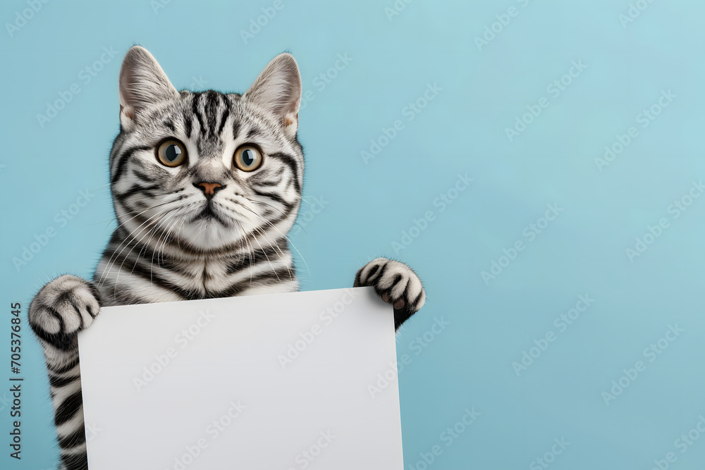 American shorthair cat showing blank sign, board. Standing cat adorned with zebra stripes holding an empty white banner, placard on pastel blue background with copy space for text. - obrazy, fototapety, plakaty 
