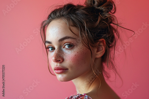 Portrait of a girl with brown hair with bun hairstyle close-up on a pink background.