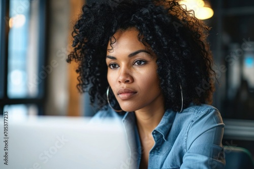 Young serious concerned African American businesswoman sitting at desk looking laptop computer in contemporary corporation office. Business technologies concept. Close up, Generative AI 