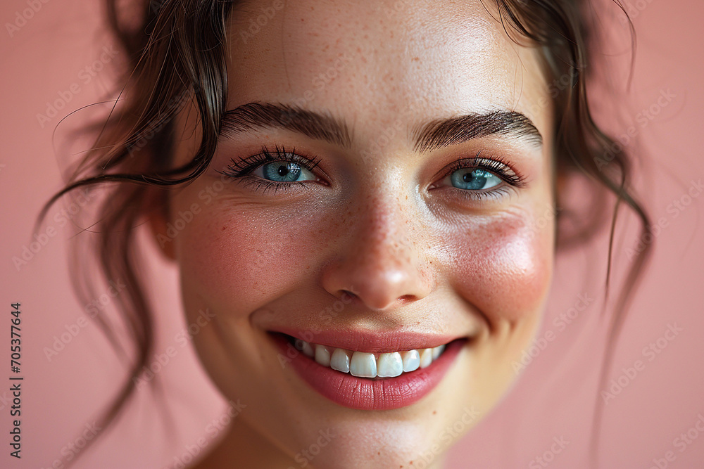 Portrait of smiling young woman close-up on pink background. Portrait of smiling young woman close-up on pink background.
