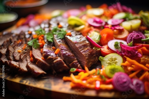 An artful image portrays a ting board adorned with sad slices of brisket, arranged intricately to emphasize its luscious marbling. A smattering of colorful pickled vegetables adds acidity