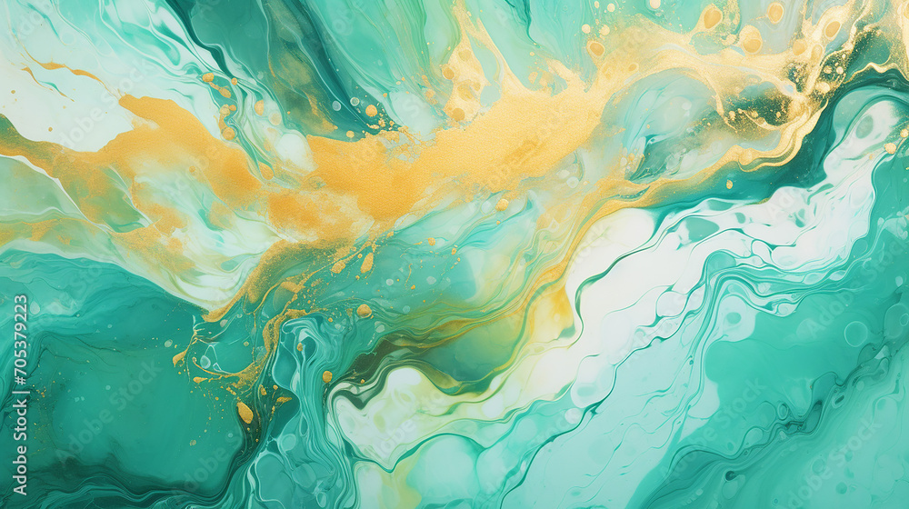 Gold and Turquoise overflowing colors. Liquid acrylic picture that flows and splash. Fluid art texture design. Background with floral mixing paint effect. Mixed paints for posters or wallpapers