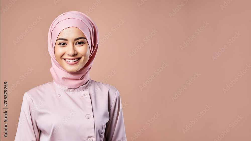 Malay woman in chef uniform smiling isolated on pastel background Malay woman in chef uniform smiling isolated on pastel background